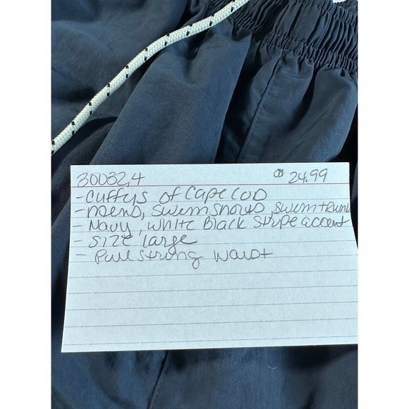 Cuffy's Cape COD Mens Swim Shorts Large Navy Blue White Striped Drawstring Lined - Picture 6 of 7